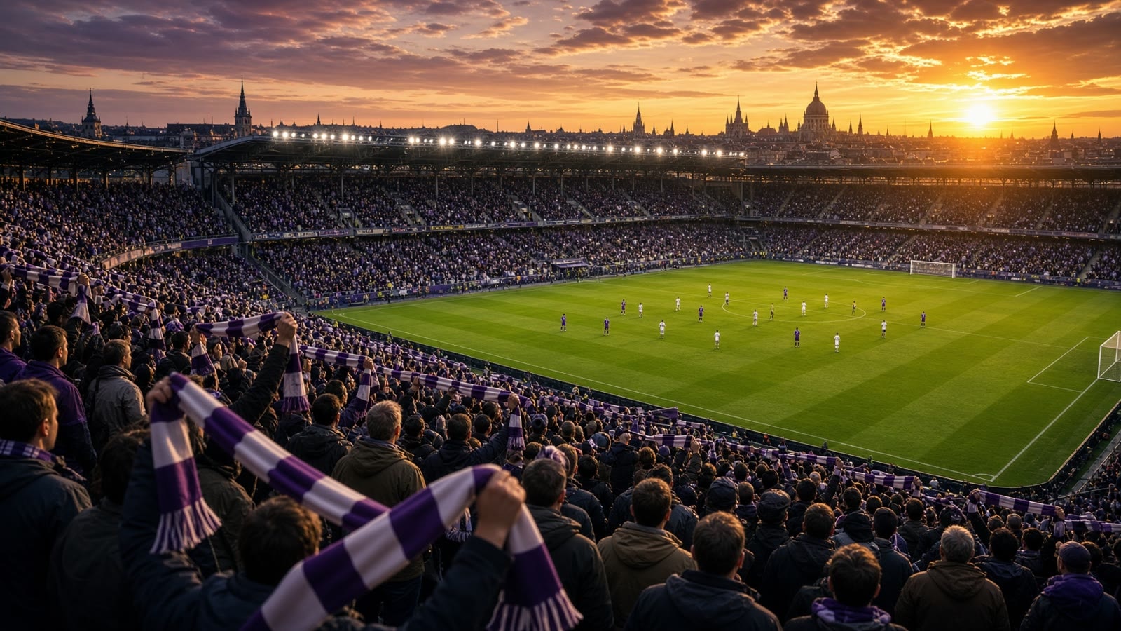 Illusztráció: lila-fehér szurkolói sálak egy régi, téglaburkolatú stadion lelátóján, alkonyati fényben